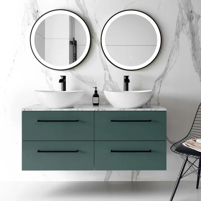Elba Midnight Green Double Wall Hung Drawer Vanity with Marble Top & Oval Basin 1200mm - Black Accents