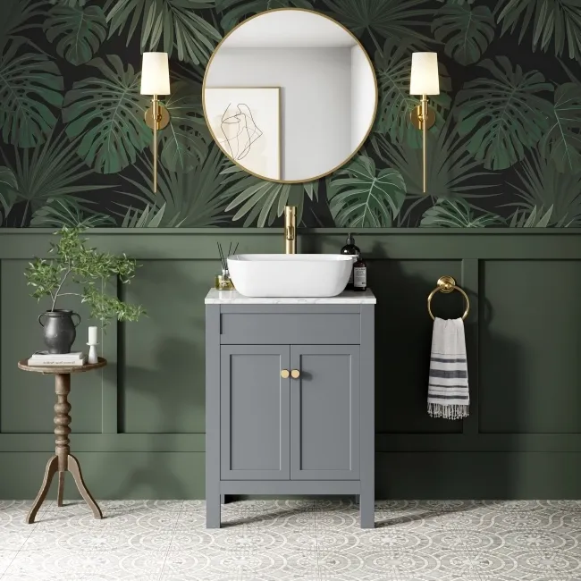 Bermuda Dove Grey Vanity with Marble Top & Curved Counter Top Basin 600mm - Brushed Brass Accents