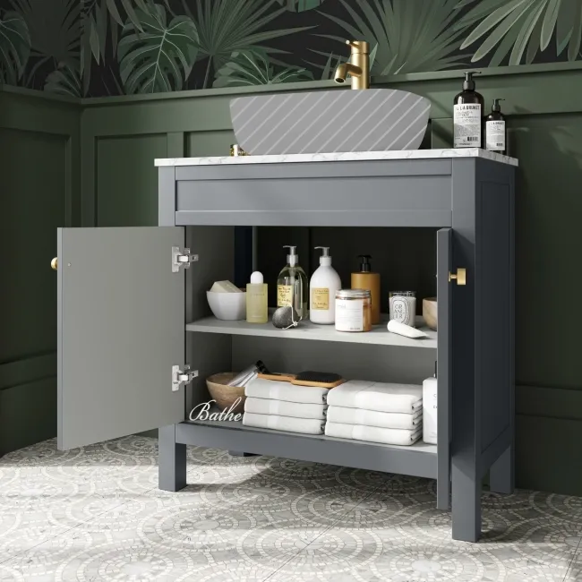 Bermuda Dove Grey Cabinet with Marble Top 800mm Excludes Counter Top Basin - Brushed Brass Accents