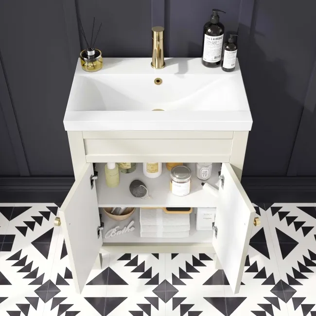 Bermuda Chalk White Basin Vanity 600mm - Brushed Brass Accents
