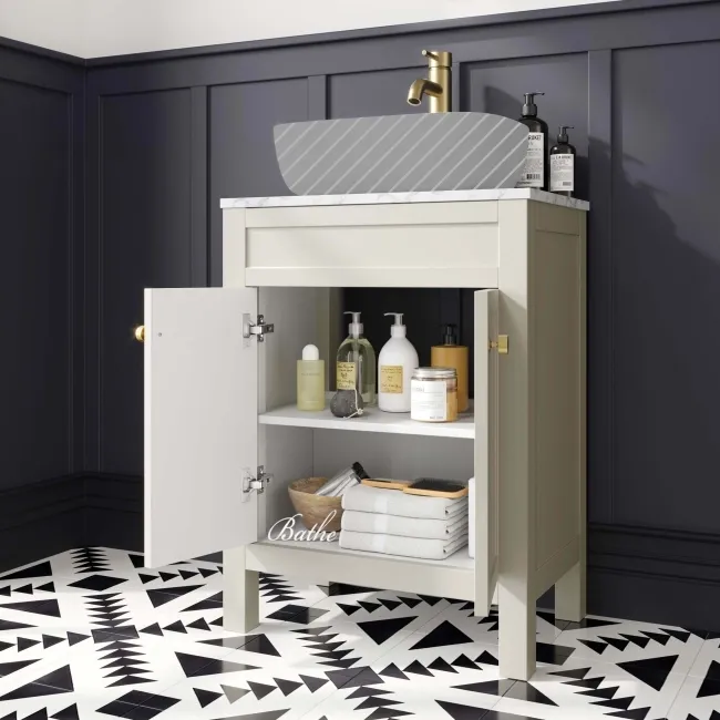 Bermuda Chalk White Cabinet with Marble Top 600mm Excludes Counter Top Basin - Brushed Brass Accents