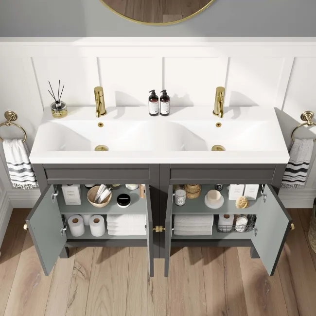 Bermuda Graphite Grey Double Basin Vanity 1200mm - Brushed Brass Accents