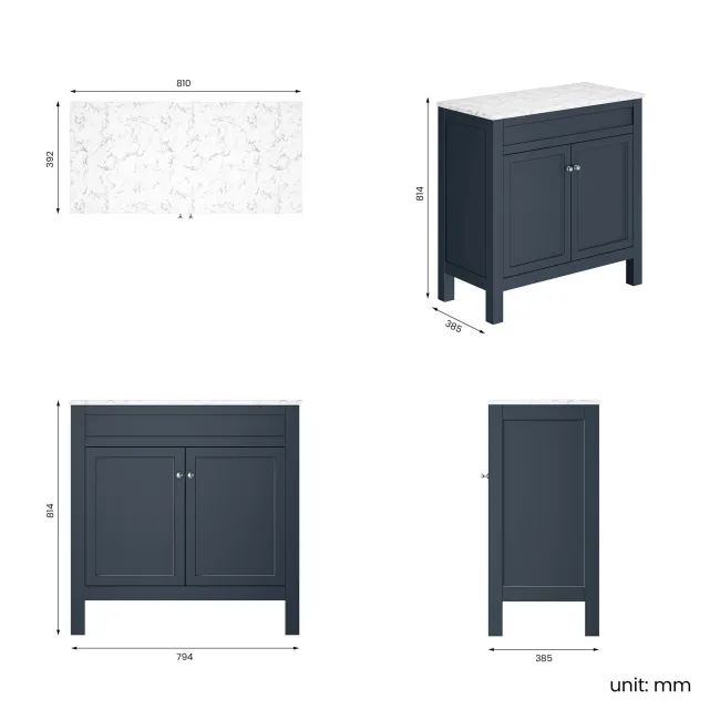 Bermuda Inky Blue Cabinet with Marble Top 800mm - Excludes Counter Top Basin