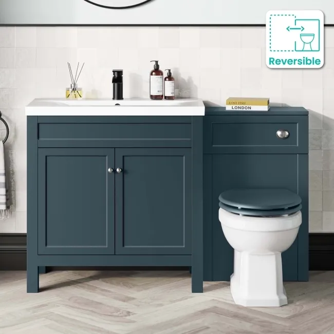Bermuda Inky Blue Combination Vanity Basin and Hudson Toilet with Wooden Seat 1300mm