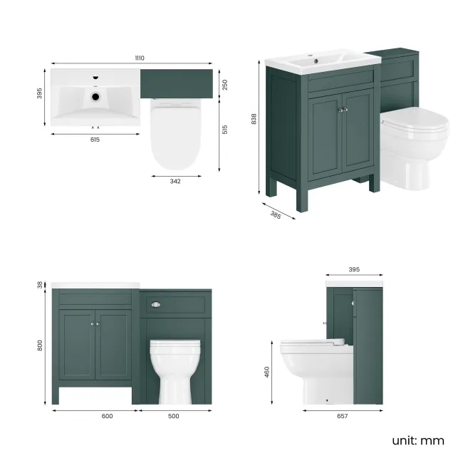 Bermuda Midnight Green Combination Vanity Basin and Seattle Toilet 1100mm