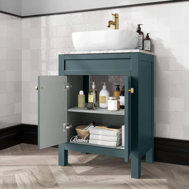 Bermuda Midnight Green Vanity with Marble Top & Curved Counter Top Basin 600mm - Brushed Brass Accents