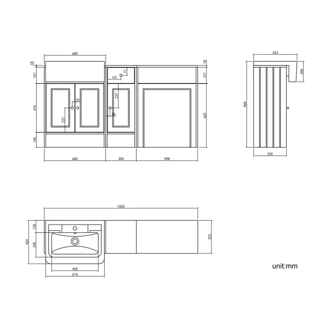 Monaco Dove Grey Combination Vanity Traditional Basin 1500mm (Excludes Pan & Cistern) - Brushed Brass Accents