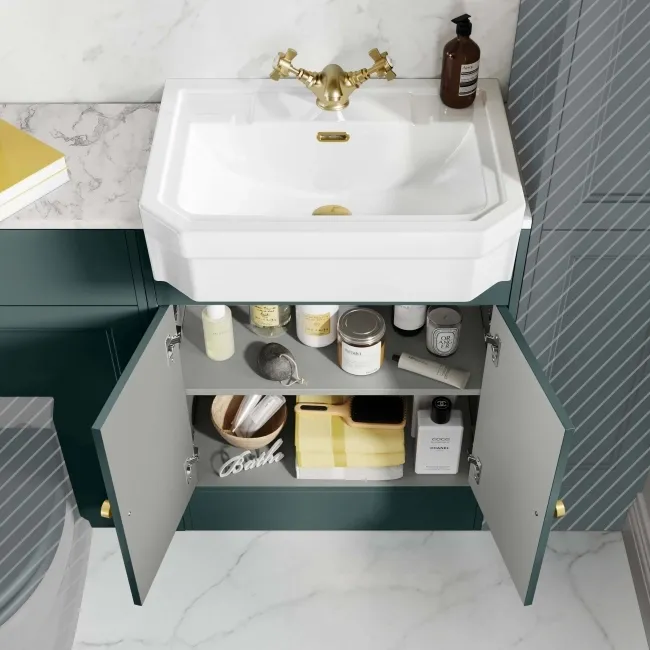 Monaco Midnight Green Combination Vanity Traditional Basin with Marble Top 1200mm (Excludes Pan & Cistern) - Brushed Brass Accents