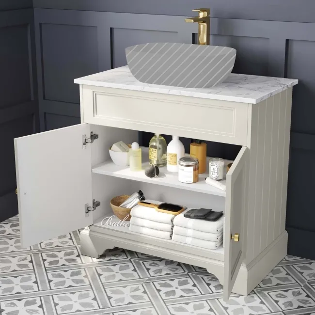Lucia Chalk White Cabinet with Marble Top 840mm (Excludes Counter Top Basin) - Brushed Brass Accents