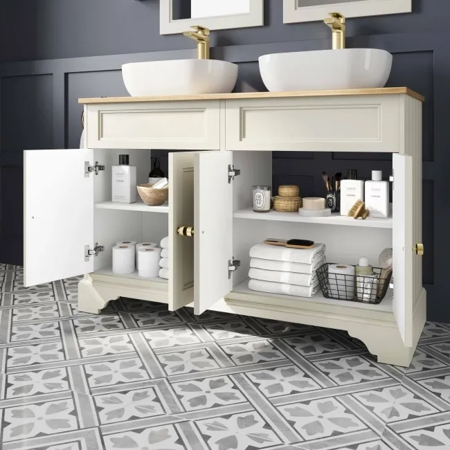 Lucia Chalk White Double Vanity with Oak Effect Top & Curved Counter Top Basin 1200mm - Brushed Brass Accents