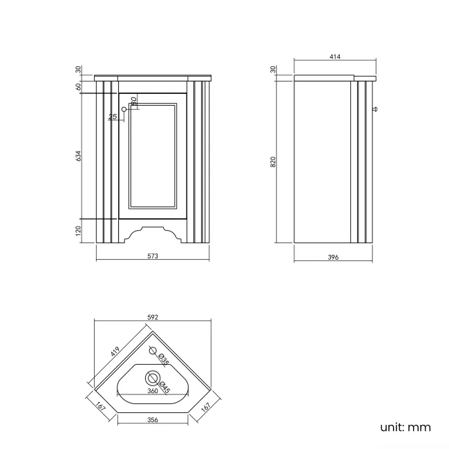 Lucia Graphite Grey Corner Basin Vanity 400mm - Brushed Brass Accents