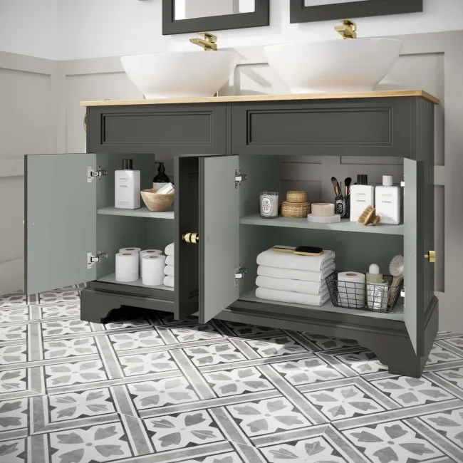 Lucia Graphite Grey Double Vanity with Oak Effect Top & Oval Counter Top Basin 1200mm - Brushed Brass Accents