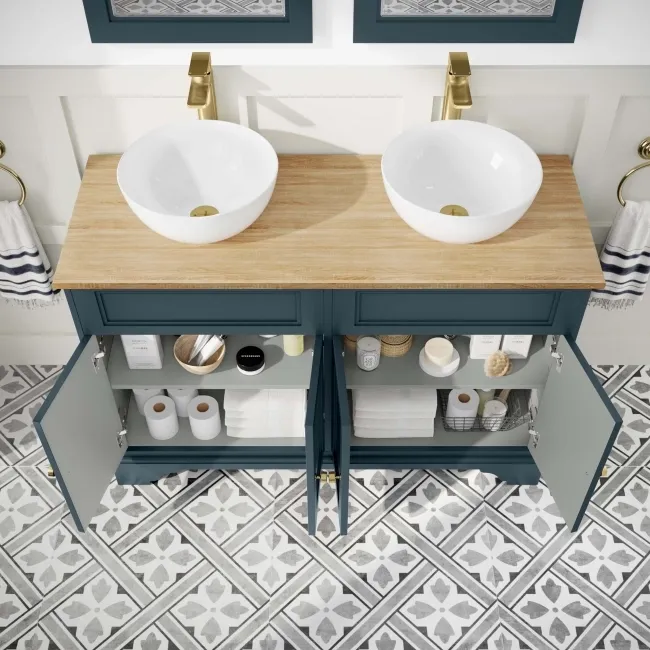 Lucia Inky Blue Double Vanity with Oak Effect Top & Round Counter Top Basin 1200mm - Brushed Brass Accents
