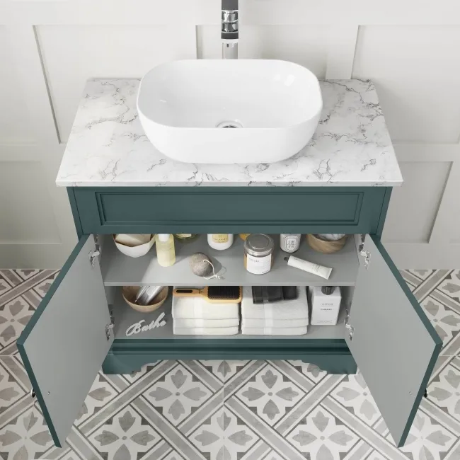 Lucia Midnight Green Vanity with Marble Top & Curved Counter Top Basin 840mm