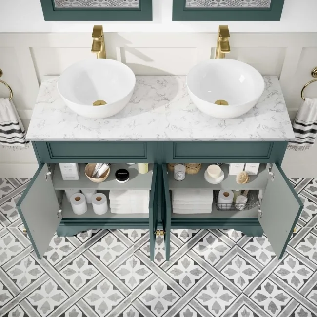Lucia Midnight Green Double Vanity with Marble Top & Round Counter Top Basin 1200mm - Brushed Brass Accents