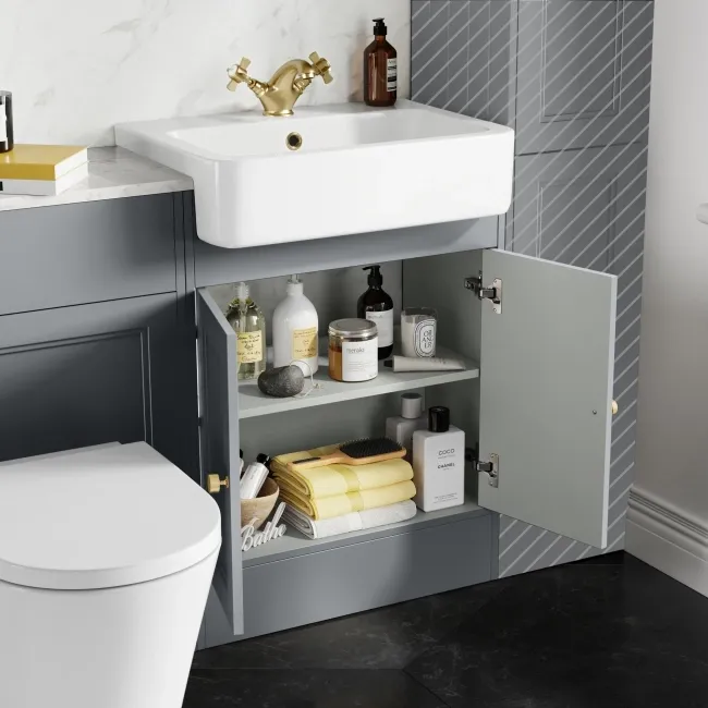 Monaco Dove Grey Combination Vanity Basin with Marble Top & Boston Toilet 1200mm - Brushed Brass Accents