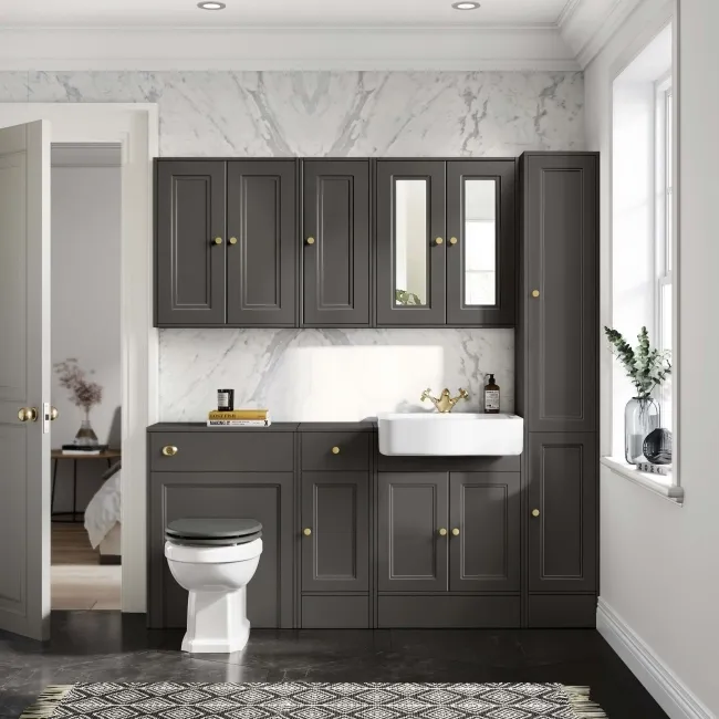 Monaco Graphite Grey Combination Vanity Basin and Hudson Toilet with Wooden Seat 1500mm - Brushed Brass Accents