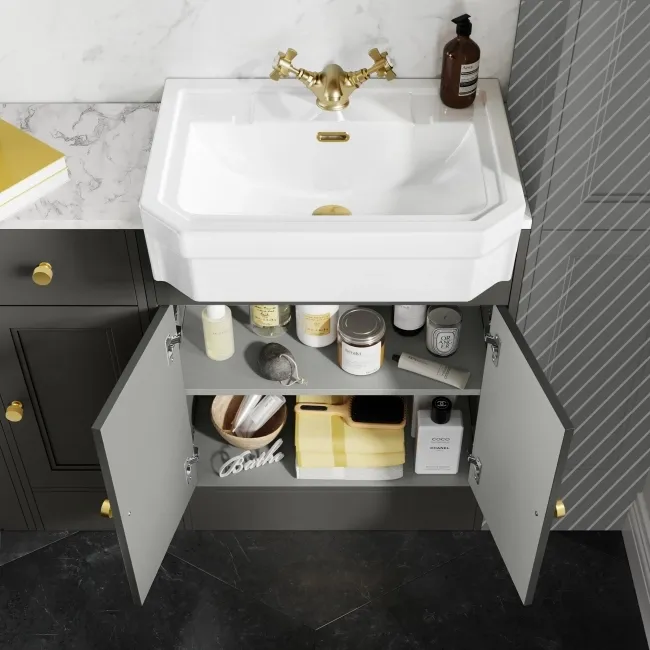 Monaco Graphite Grey Combination Vanity Traditional Basin with Marble Top and Boston Toilet 1500mm - Brushed Brass Accents