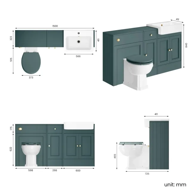 Monaco Midnight Green Combination Vanity Basin and Hudson Toilet with Wooden Seat 1500mm - Brushed Brass Accents