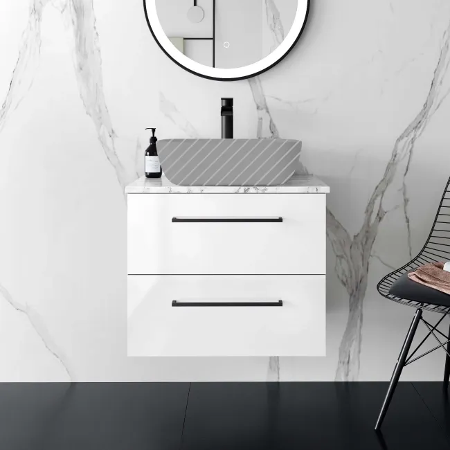 Elba Gloss White Wall Hung Drawer 600mm Excludes Counter Top Basin - Black Accents