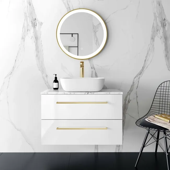 Elba Gloss White Wall Hung Drawer Vanity with Marble Top & Curved Counter Top Basin 800mm - Brushed Brass Accents