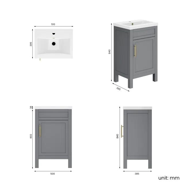 Bermuda Dove Grey Basin Vanity 500mm - Brass Knurled Handles