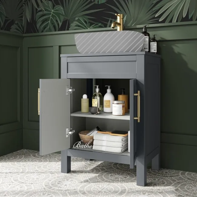 Bermuda Dove Grey Cabinet 600mm Excludes Counter Top Basin - Brass Knurled Handles