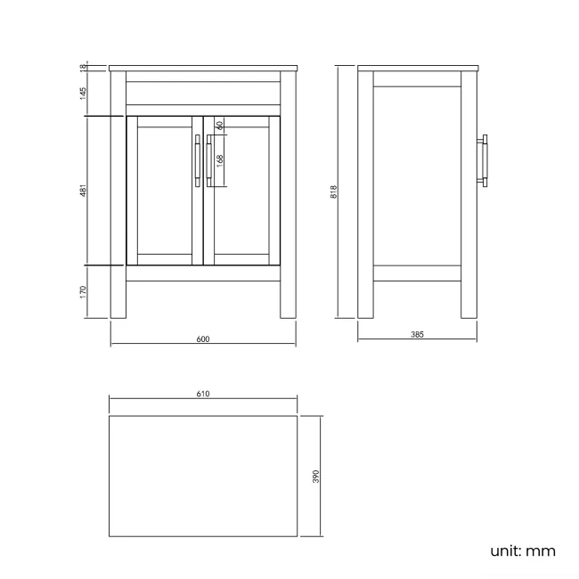 Bermuda Dove Grey Vanity with Round Counter Top Basin 600mm - Brass Knurled Handles