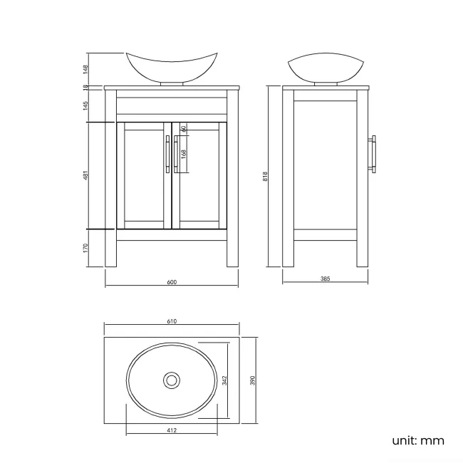 Bermuda Dove Grey Vanity with Oval Counter Top Basin 600mm - Brass Knurled Handles