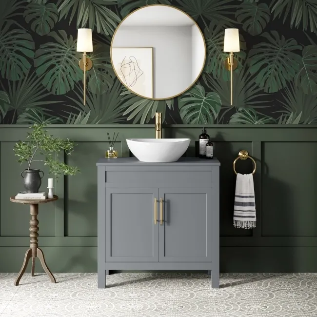 Bermuda Dove Grey Vanity with Oval Counter Top Basin 800mm - Brass Knurled Handles