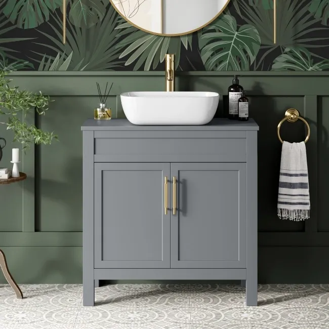 Bermuda Dove Grey Vanity with Curved Counter Top Basin 800mm - Brass Knurled Handles
