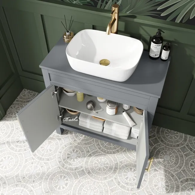 Bermuda Dove Grey Vanity with Curved Counter Top Basin 800mm - Brass Knurled Handles
