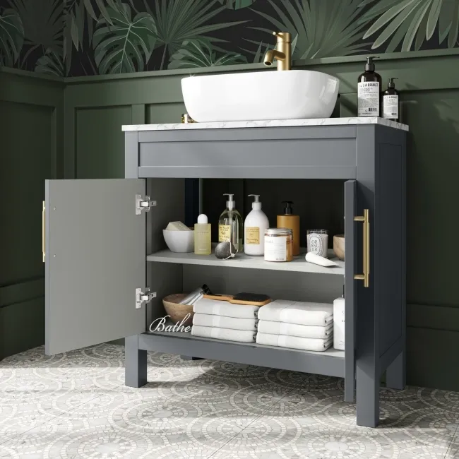 Bermuda Dove Grey Vanity with Marble Top & Curved Counter Top Basin 800mm - Brass Knurled Handles