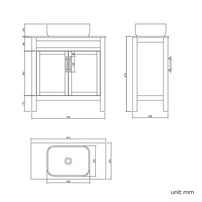 Bermuda Dove Grey Vanity with Marble Top & Curved Counter Top Basin 800mm - Brass Knurled Handles