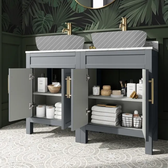 Bermuda Dove Grey Cabinet with Marble Top 1200mm Excludes Counter Top Basins - Brass Knurled Handles