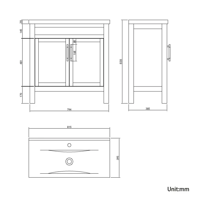 Bermuda Graphite Grey Basin Vanity 800mm - Brass Knurled Handles