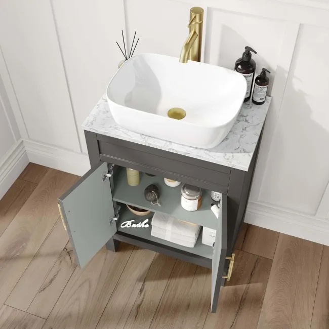 Bermuda Graphite Grey Vanity with Marble Top & Curved Counter Top Basin 600mm - Brass Knurled Handles