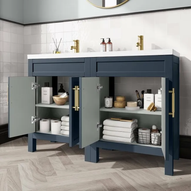 Bermuda Inky Blue Double Basin Vanity 1200mm - Brass Knurled Handles