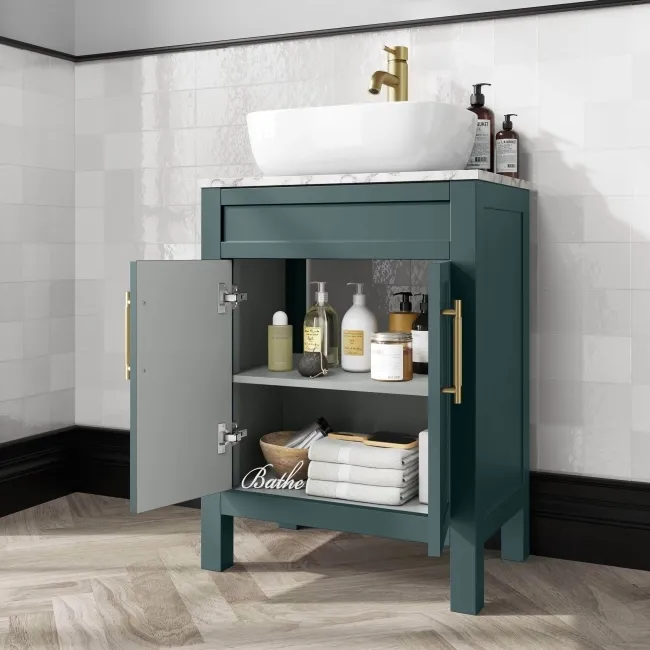 Bermuda Midnight Green Vanity with Marble Top & Curved Counter Top Basin 600mm - Brass Knurled Handles