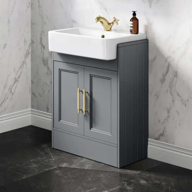 Monaco Dove Grey Basin Vanity 600mm - Brass Knurled Handles
