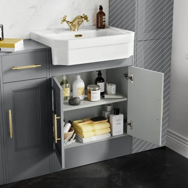 Monaco Dove Grey Combination Vanity Traditional Basin 1500mm (Excludes Pan & Cistern) - Brass Knurled Handles