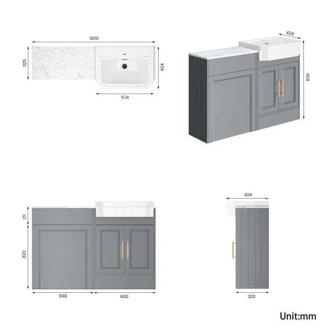 Monaco Dove Grey Combination Vanity Traditional Basin with Marble Top 1200mm (Excludes Pan & Cistern) - Brass Knurled Handles