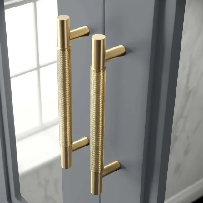 Dove Grey Wall Hung Mirror Cabinet 700x600mm - Brass Knurled Handles