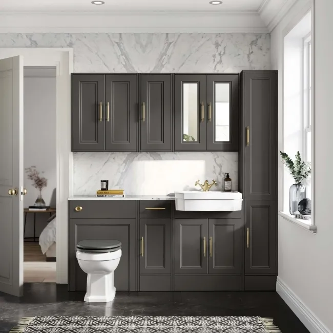 Monaco Graphite Grey Combination Vanity Traditional Basin with Marble Top 1500mm (Excludes Pan & Cistern) - Brass Knurled Handles