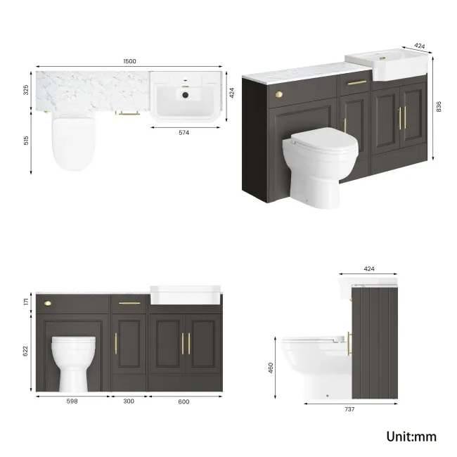 Monaco Graphite Grey Combination Vanity Traditional Basin with Marble Top and Seattle Toilet 1500mm - Brass Knurled Handles