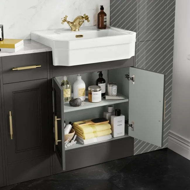 Monaco Graphite Grey Combination Vanity Traditional Basin with Marble Top and Boston Toilet 1500mm - Brass Knurled Handles