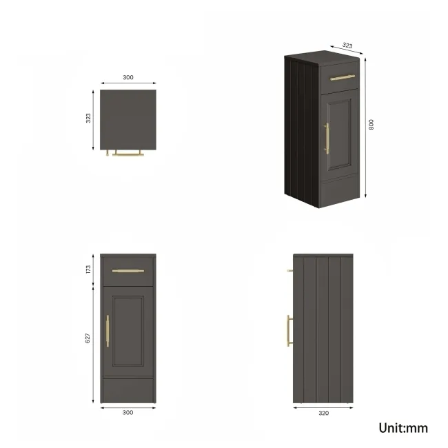 Monaco Graphite Grey Side Cabinet Unit 300mm - Brass Knurled Handles