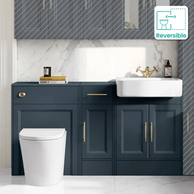Monaco Inky Blue Combination Vanity Basin and Boston Toilet 1500mm - Brass Knurled Handles