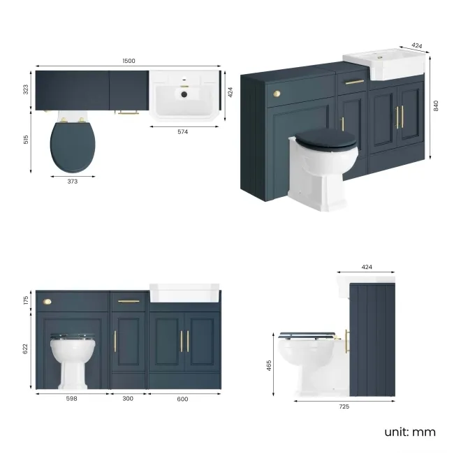 Monaco Inky Blue Combination Vanity Traditional Basin and Hudson Toilet with Wooden Seat 1500mm - Brass Knurled Handles