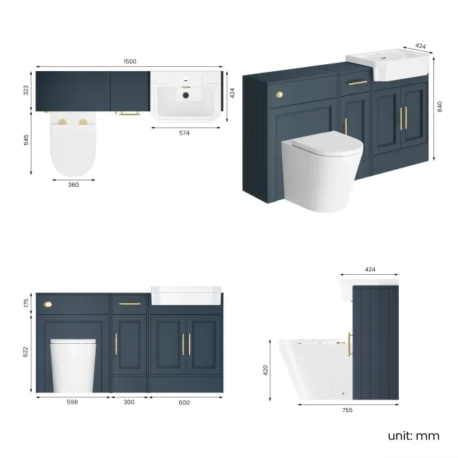 Monaco Inky Blue Combination Vanity Traditional Basin and Boston Toilet 1500mm - Brass Knurled Handles